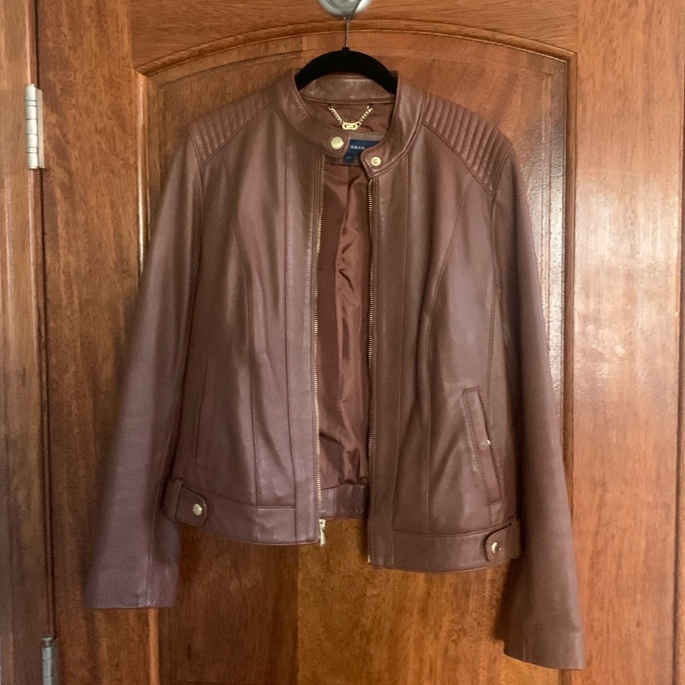 Lamb skin Cole Haan racer jacket size small in whiskey brown.